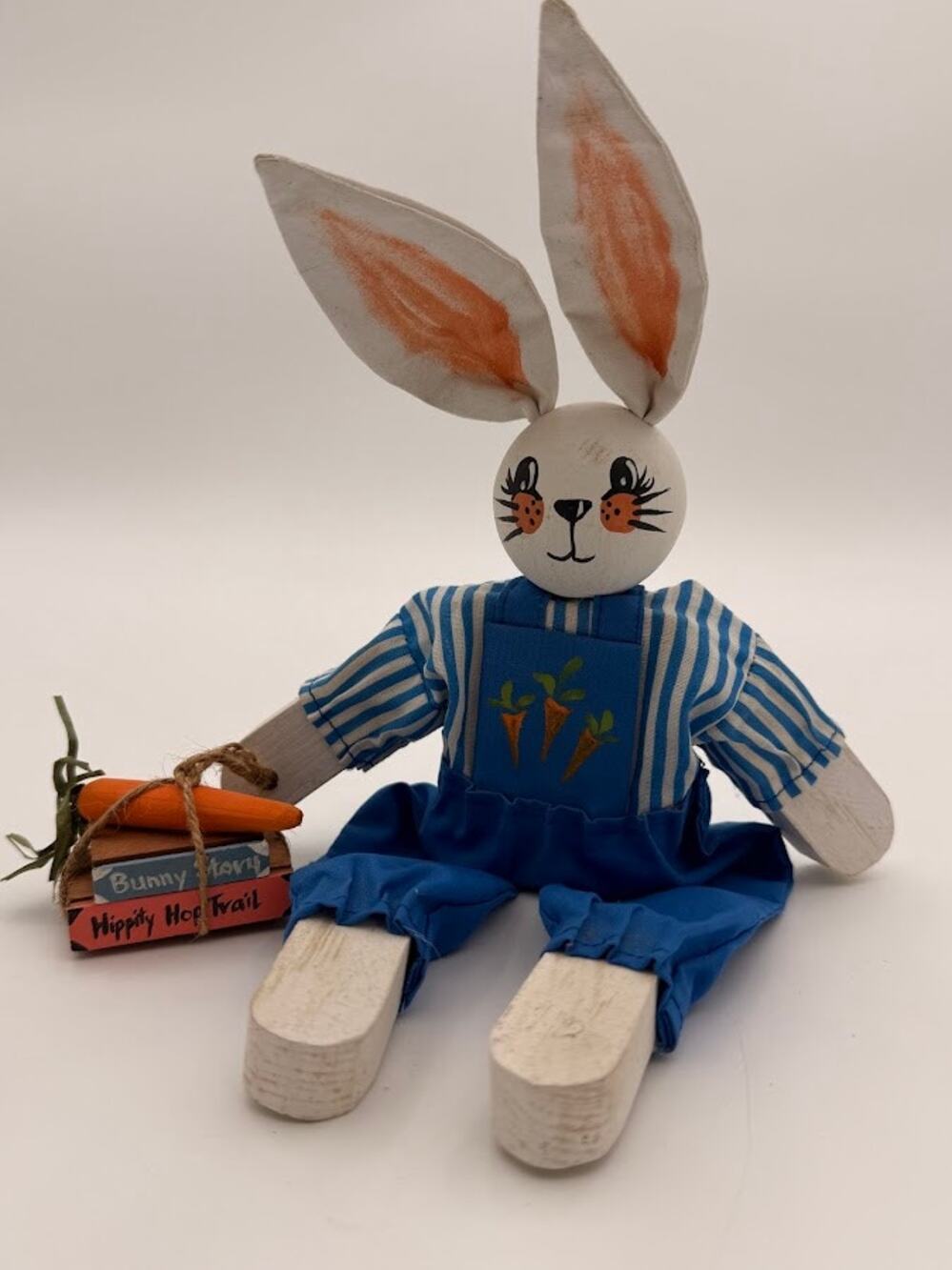 Handmade Folk Art Bunny Shelf Sitter, Wooden & Fabric Rabbit Decor